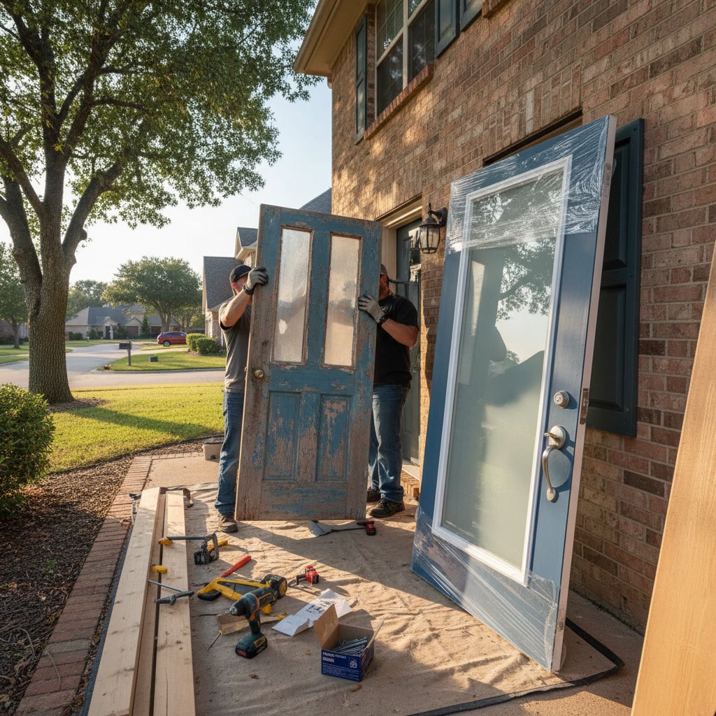 homeowner reviewing door replacement cost Lafayette options with professional installer