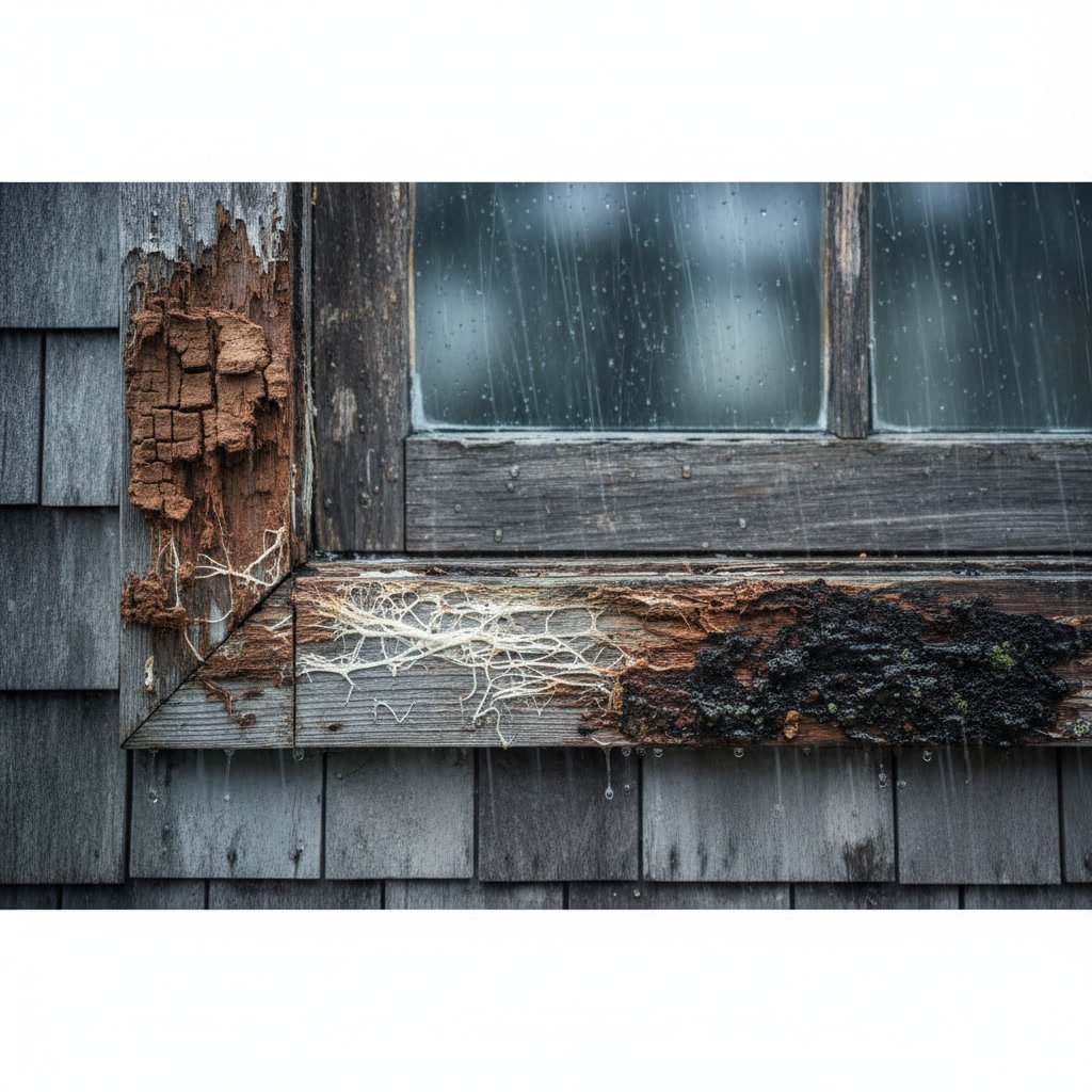 Deteriorated wood window frame showing signs of rot and moisture damage