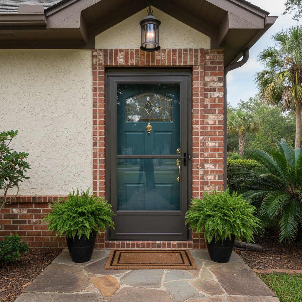 newly installed fiberglass entry door showing quality door replacement in Lafayette Louisiana