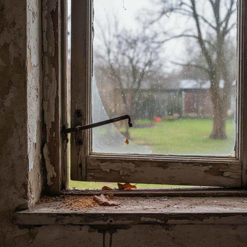 Window frame with visible gaps and alignment issues from structural rot