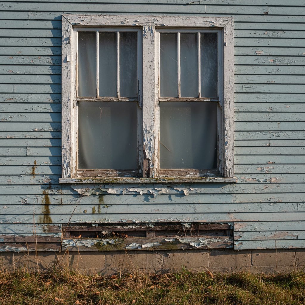 Exterior view of window with damaged caulking and rotted wood frame