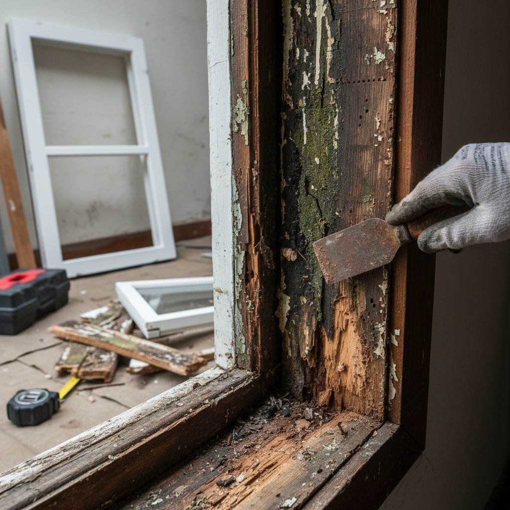 Professional inspecting rotting window frame on Louisiana home exterior