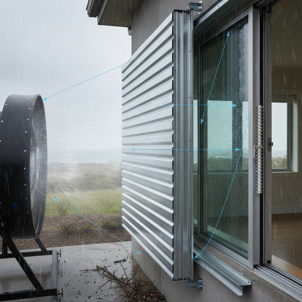 Storm shutters installed on residential windows protecting home during hurricane