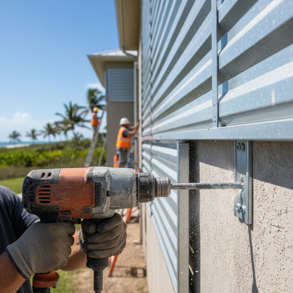 Homeowner operating accordion storm shutters before hurricane arrival