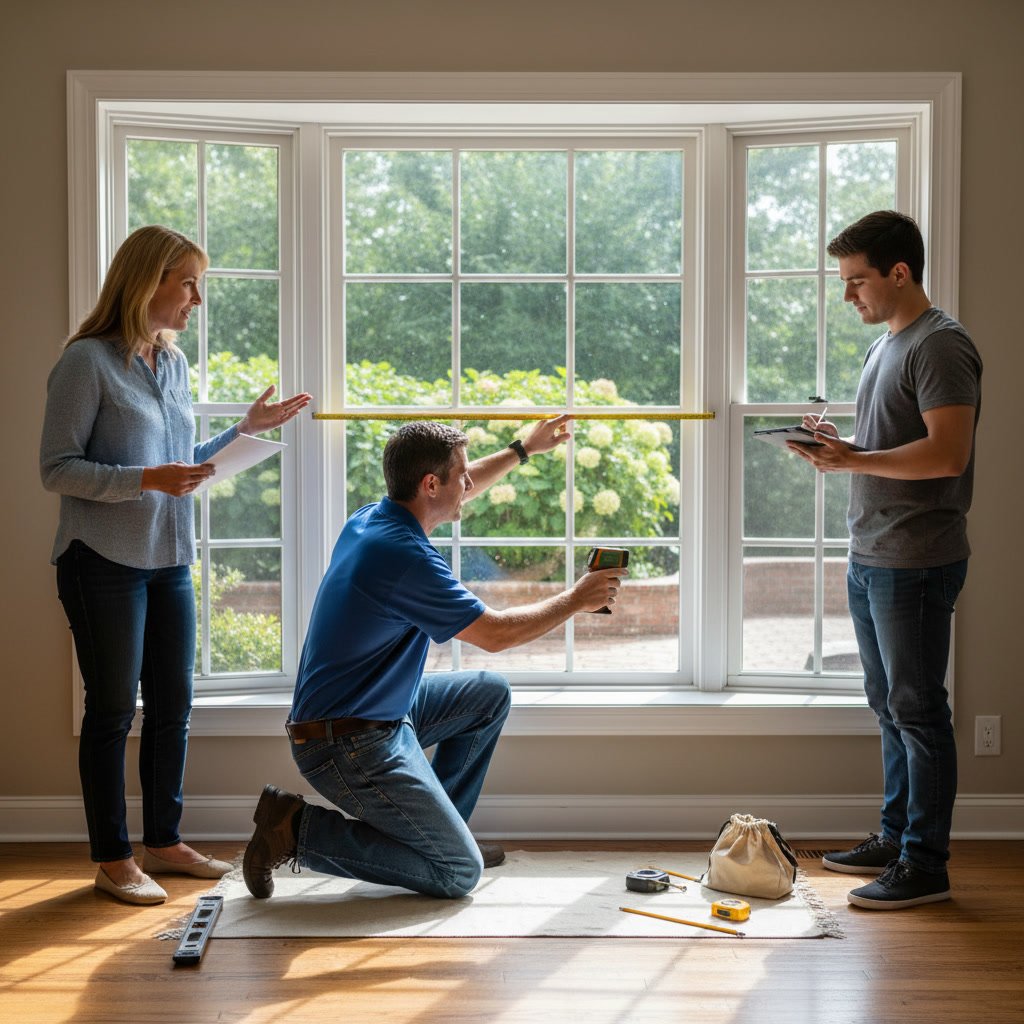 Professional window technician measuring window opening in Acadiana home
