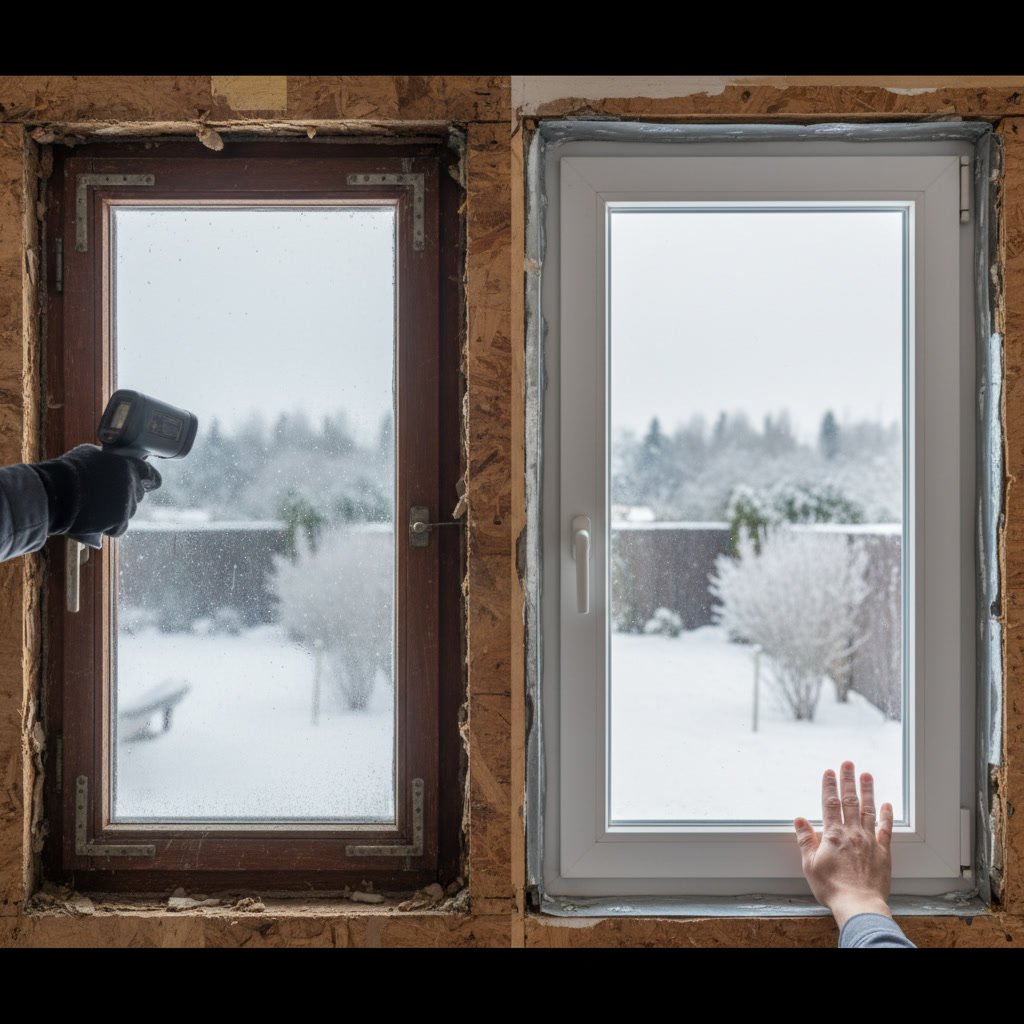 Homeowner examining window glass to determine if it is single pane or double pane