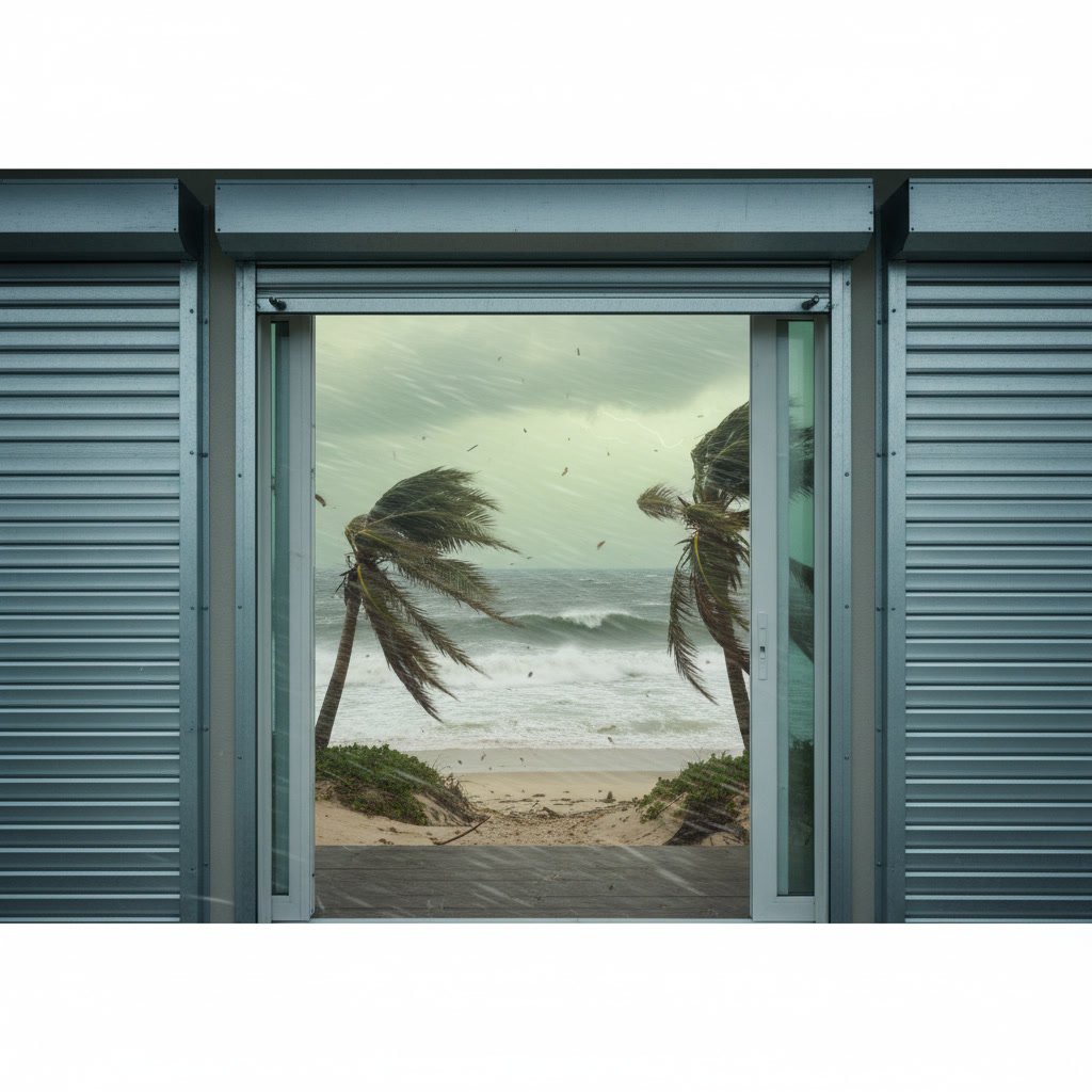 Storm shutters protecting residential home windows during hurricane season in Louisiana