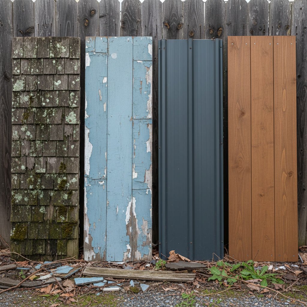 Different types of exterior siding materials displayed side by side showing durability and lifespan comparison