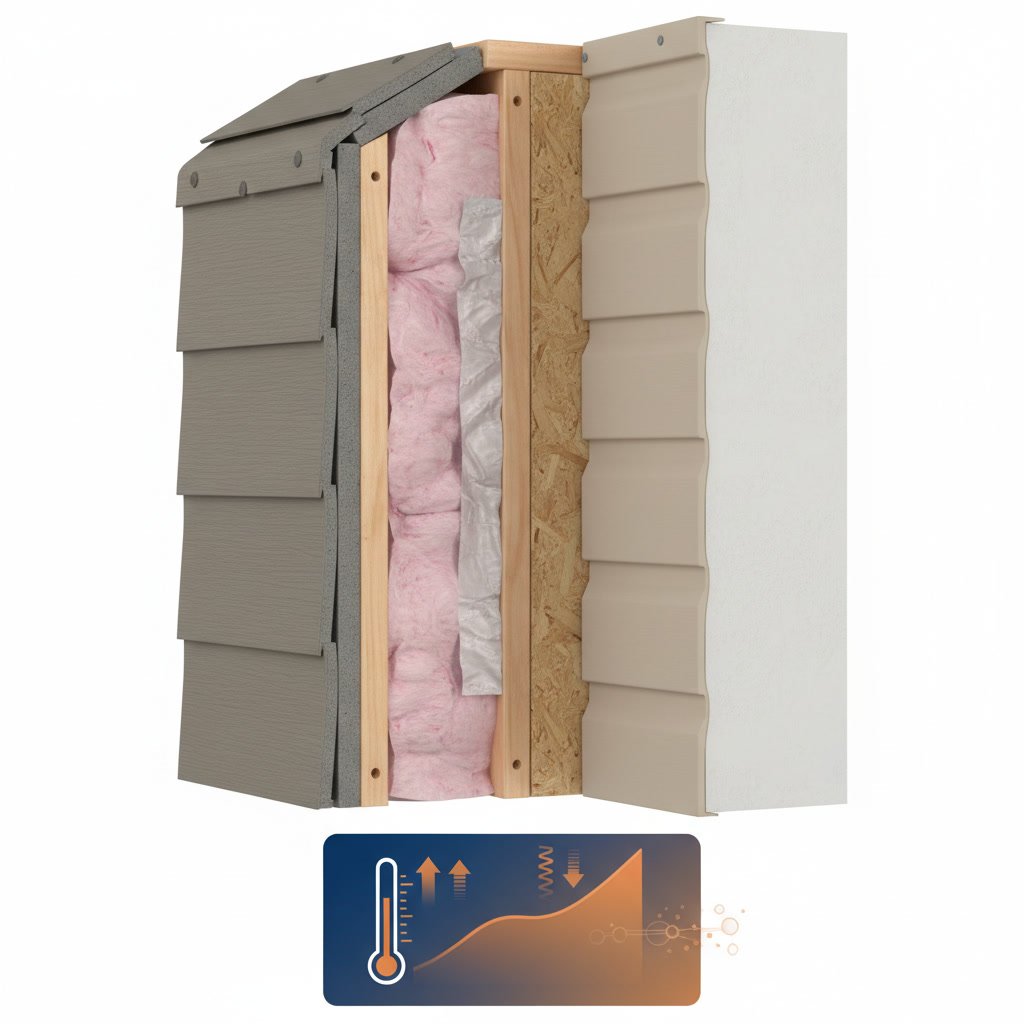 Insulated vinyl siding panel showing foam backing and thermal barrier