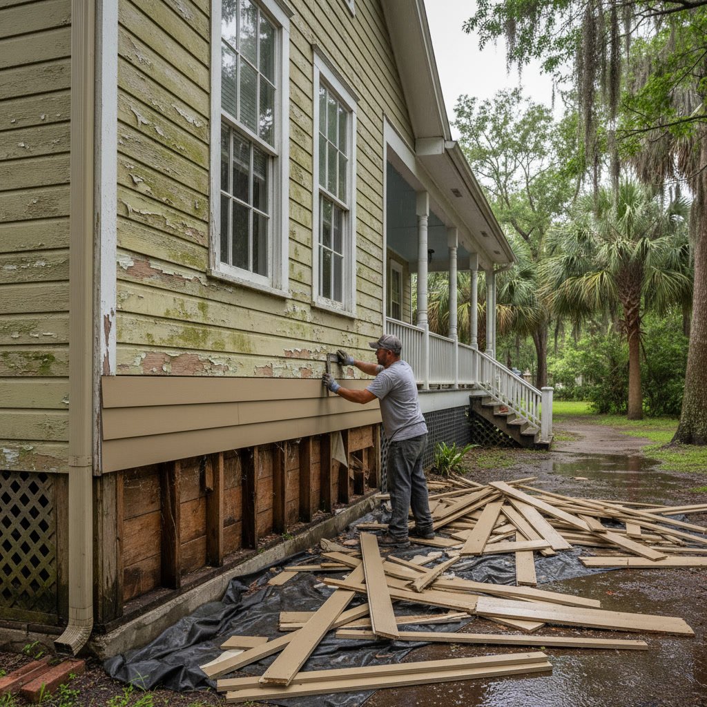 Weathered home siding showing signs of moisture damage and UV deterioration in humid climate