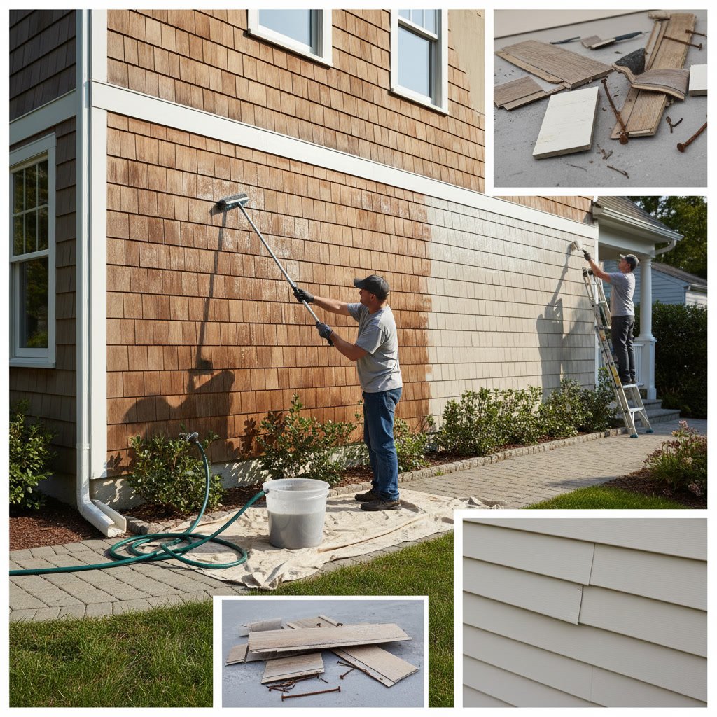 Homeowner performing seasonal maintenance inspection on home exterior siding